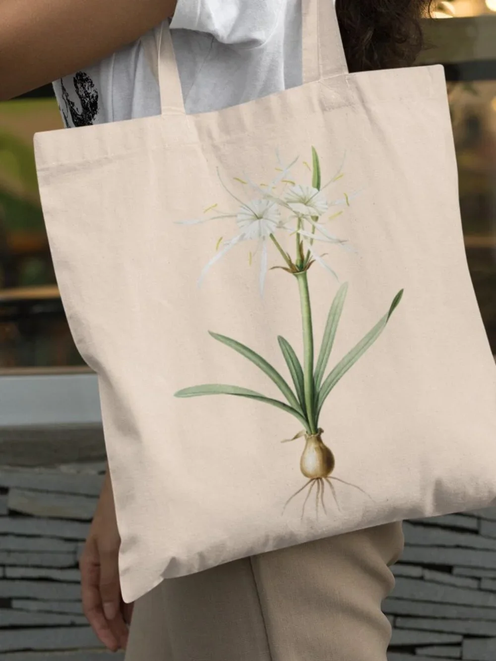 Streambank Spiderlily Vintage Floral Print Graphic Canvas Tote Bag